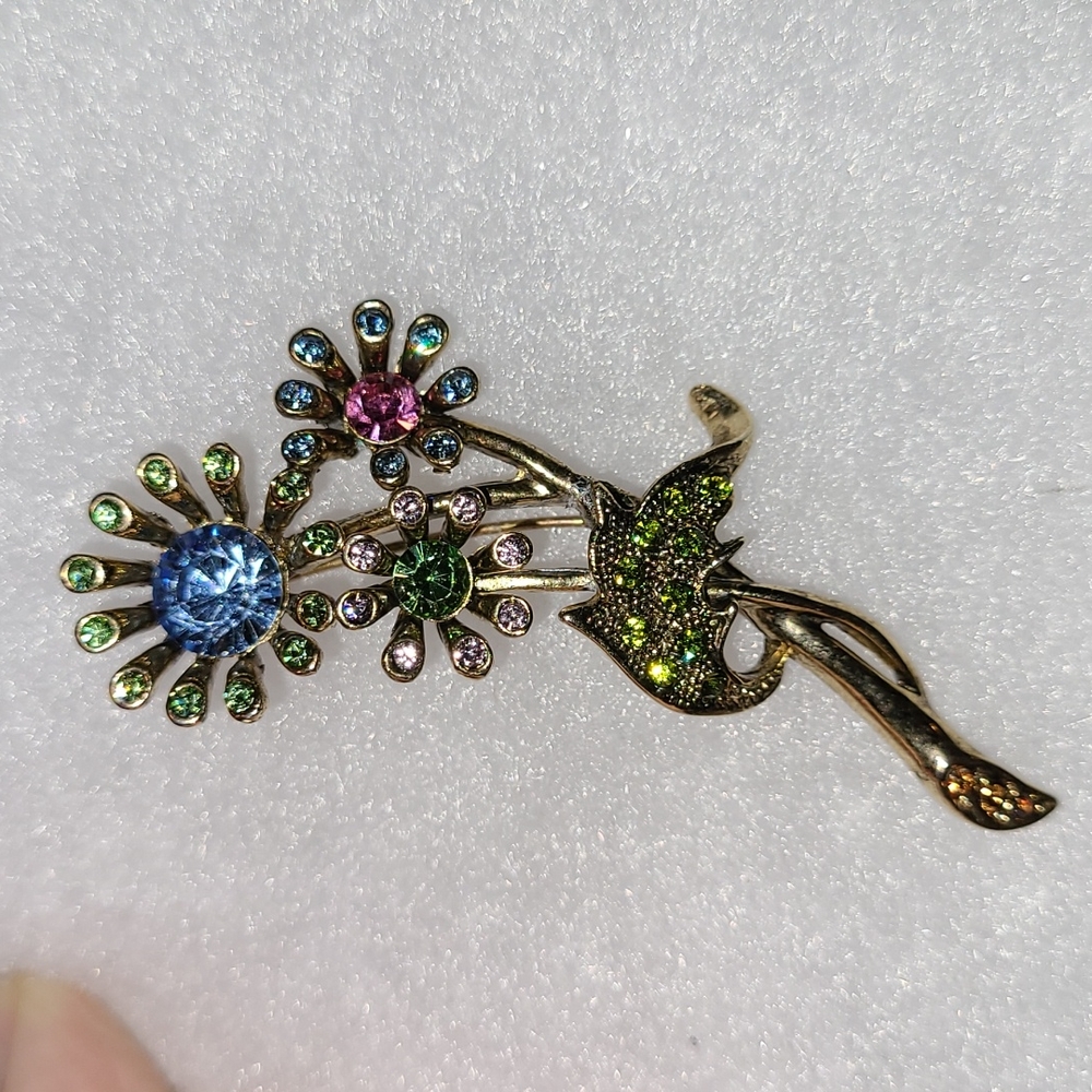 Floral Bouquet Brooch Pin Multicolored Rhinestones Daisies Asters Faux Citrine
